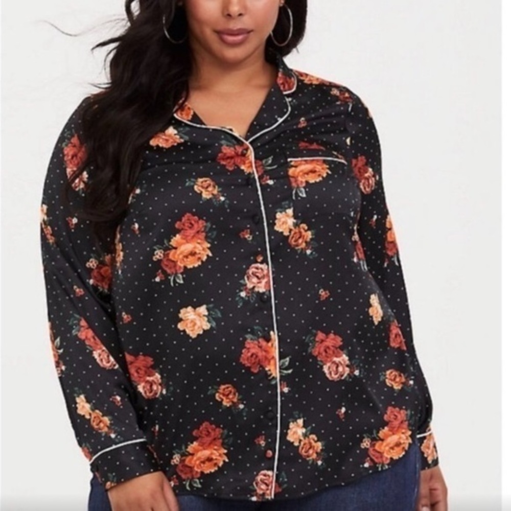 Black Satin Floral Pajama Blouse - Picture 1 of 12
